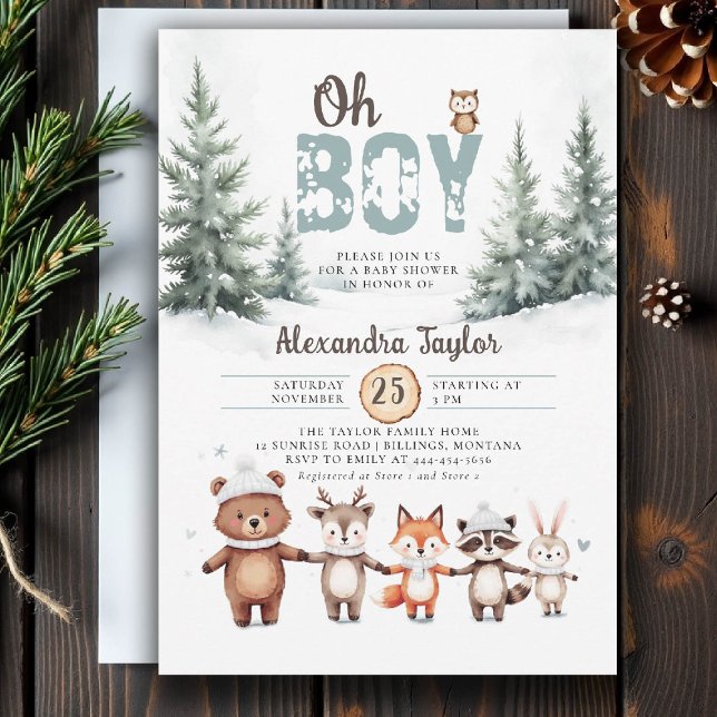 Invitation Bois Animaux Rustiques Baby shower pour garçons d' (winter baby shower invitation oh boy cute woodland animals watercolor snow rustic adventure)