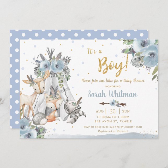 Invitation Bois Animaux Tribal Blue Gold Baby shower garçon (Devant / Derrière)
