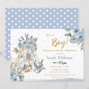 Invitation Bois Animaux Tribal Blue Gold Baby shower garçon