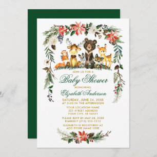 Invitation Bois Animaux Vacances Baby shower Vert Or