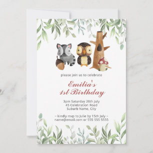 Invitation Bois Animaux Végétation 1er anniversaire