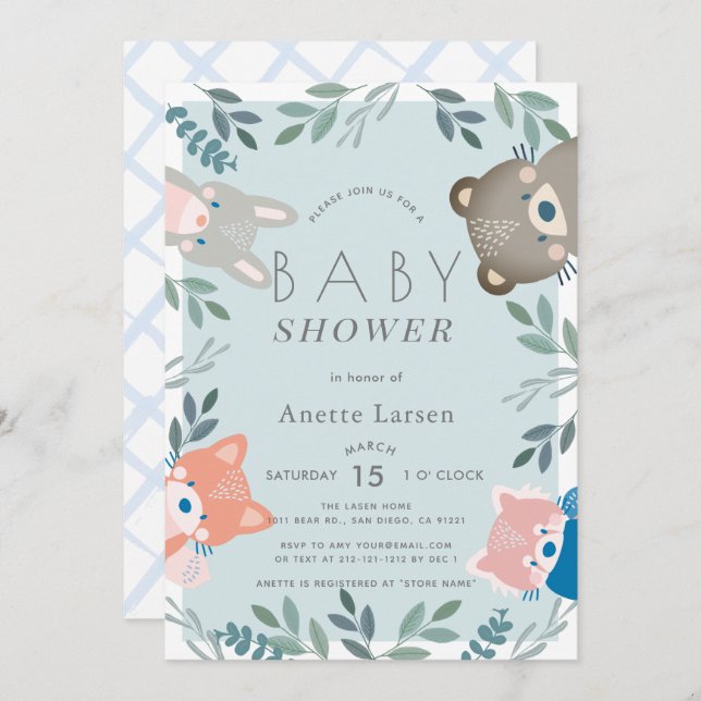 Invitation Bois Animaux Végétation Bleu Baby shower garçon (Devant / Derrière)