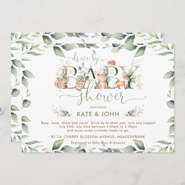 Invitation Bois Animaux Végétation Conduite Par Baby shower (Devant / Derrière)