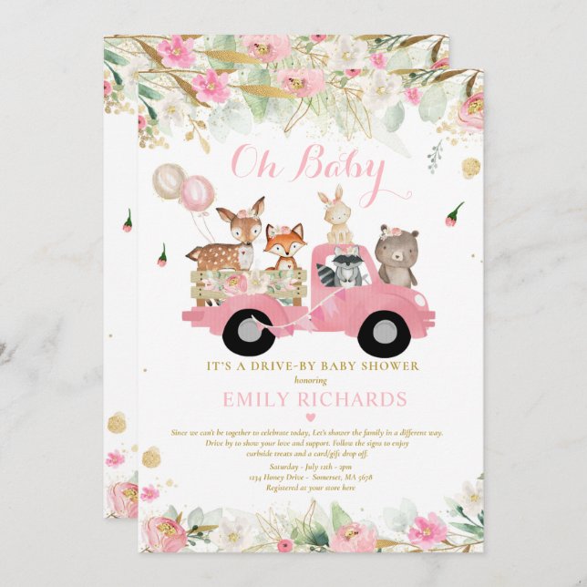 Invitation Bois Animaux Végétation Conduite Par Baby shower (Devant / Derrière)