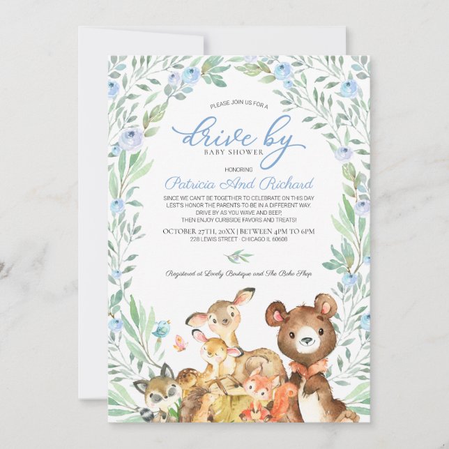 Invitation Bois Animaux Végétation Conduite Par Baby shower (Devant)