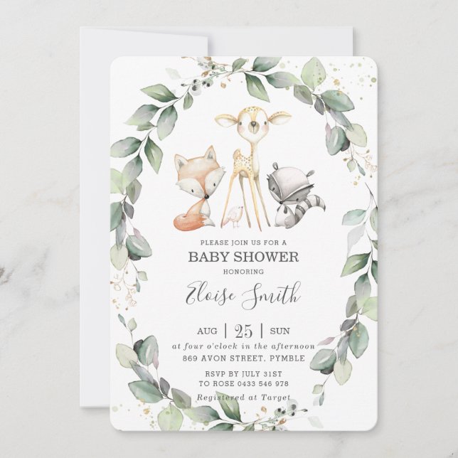 Invitation Bois Animaux Verdure rustique Baby shower feuillu (Devant)