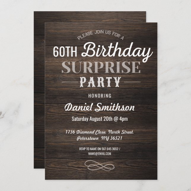 Invitation Bois Anniversaire Surprise Rustic Mens Femmes Invi (Devant / Derrière)