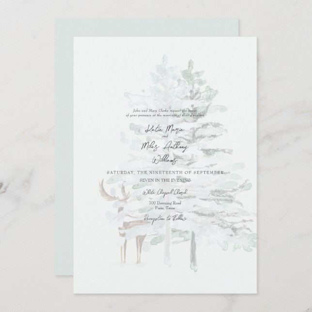 Invitation Bois Aquarelle Arbres et Mariage de cerfs (Devant / Derrière)