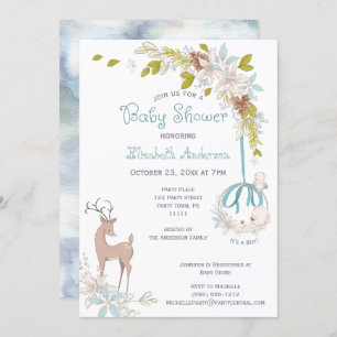 Invitation Bois Aquarelle Baby shower Floral Garçon