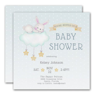 Invitation Bois Aquarelle Bunny Baby shower Turquoise clair