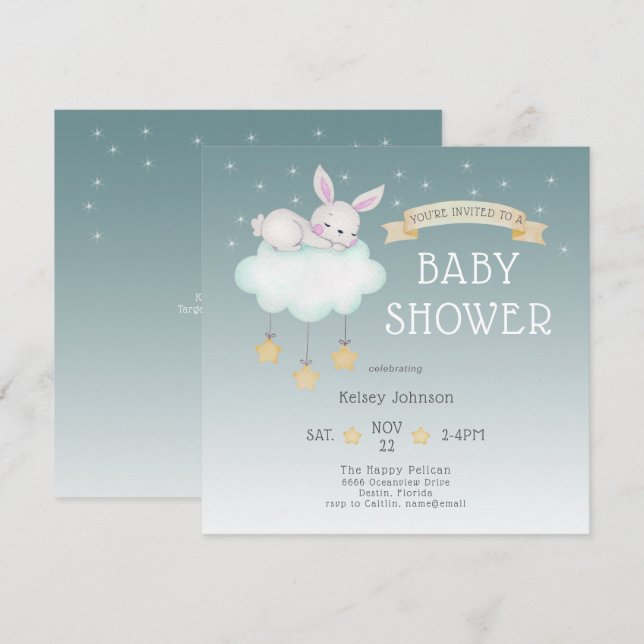 Invitation Bois Aquarelle Bunny Starry Baby shower (Devant / Derrière)