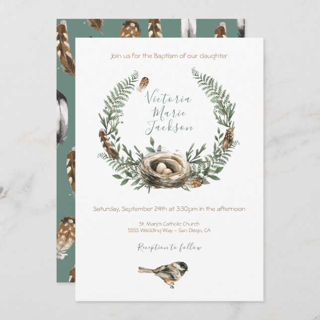 Invitation Bois Aquarelle plumes d'oiseau de plumes de nid ba (Devant / Derrière)