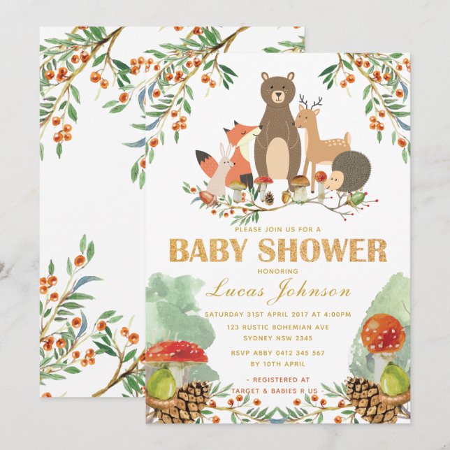 Invitation Bois Baby shower Animaux forestiers (Devant / Derrière)