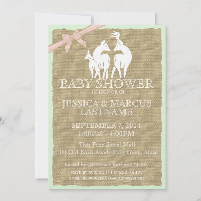 Invitation Bois Baby shower cerfs et burlap (Devant)