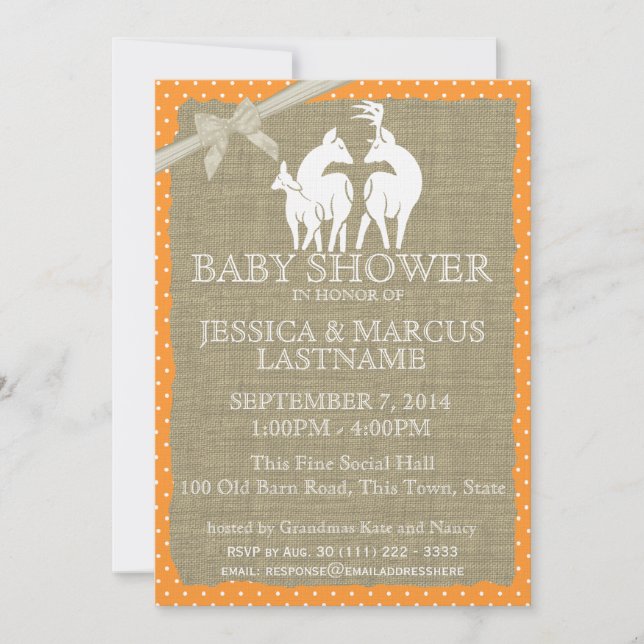 Invitation Bois Baby shower cerfs et burlap (Devant)