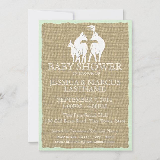 Invitation Bois Baby shower cerfs et burlap (Devant)