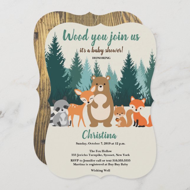 Invitation Bois Baby shower Forêt Animaux Végétation (Devant / Derrière)