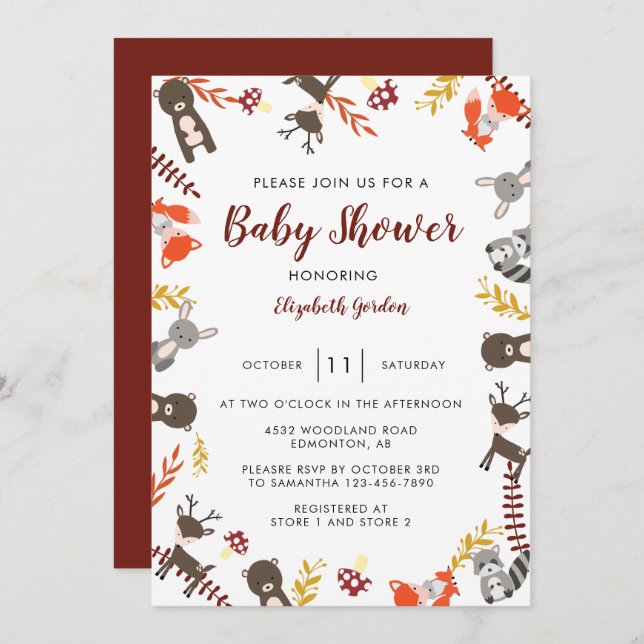 Invitation Bois Baby shower mignon Animaux forestiers Neutres (Devant / Derrière)