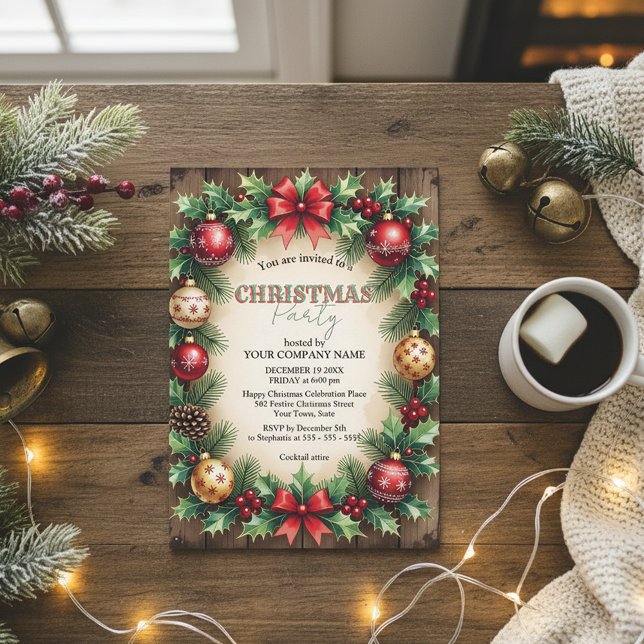 Invitation Bois Baubles Red Bow Corporate Christmas Party (Créateur téléchargé)