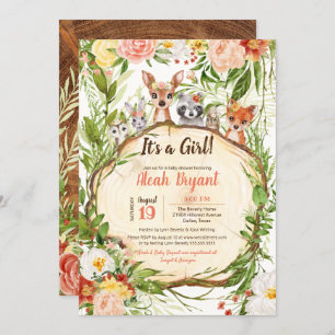 Invitation Bois Bébé Animaux Forêt Baby shower Fille