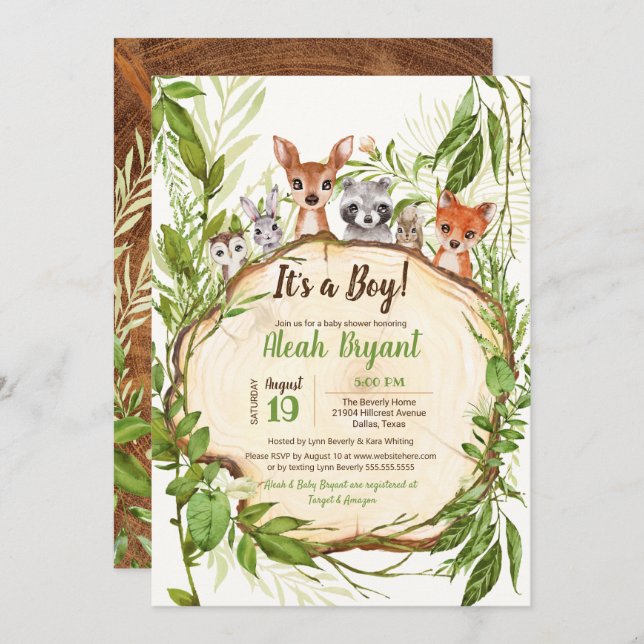 Invitation Bois Bébé Animaux Forêt Bois Baby shower (Devant / Derrière)