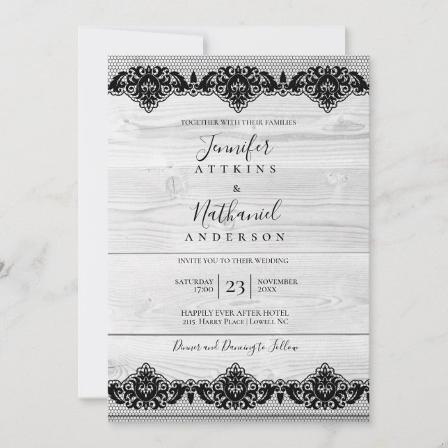 Invitation Bois Blanc Dentelle Noire Élégance Rustique (Devant)