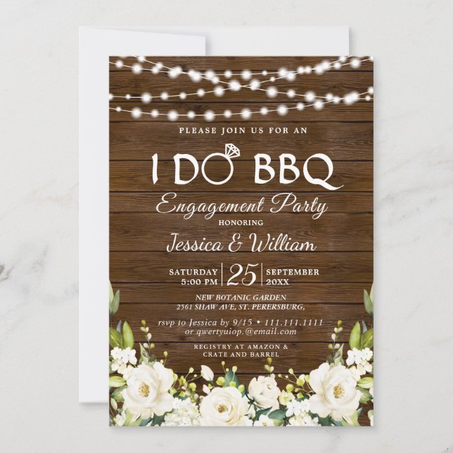 Invitation Bois blanc Roses Floral I Do BBQ Engagement Party (Devant)