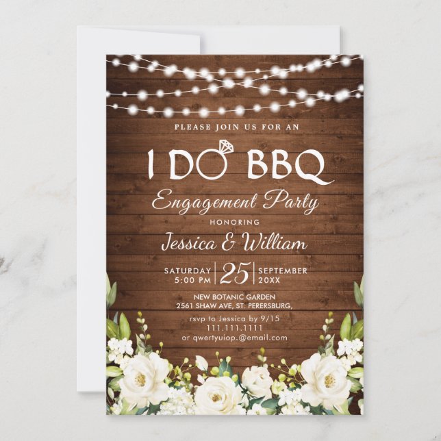 Invitation Bois blanc Roses Floral I Do BBQ Engagement Party (Devant)