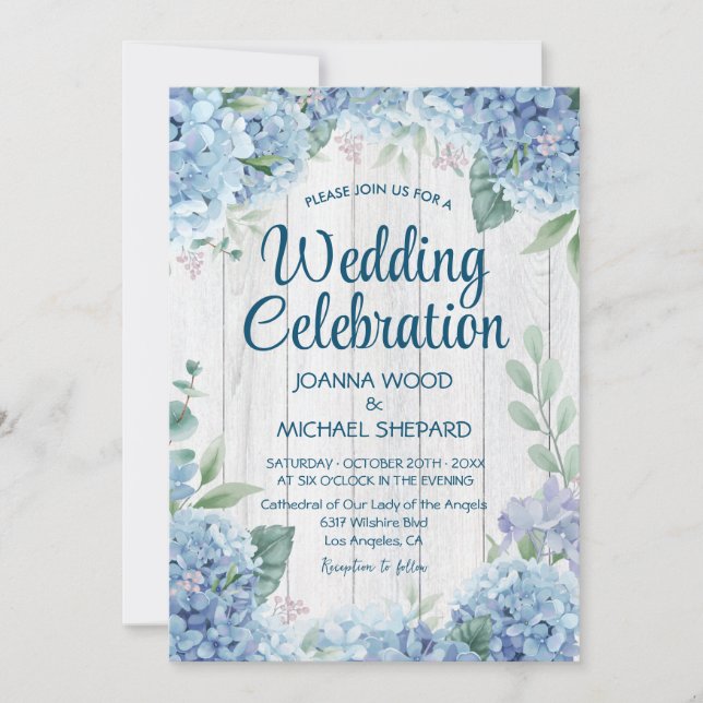 Invitation Bois blanc rustique | Mariage Blue Hydrangea (Devant)