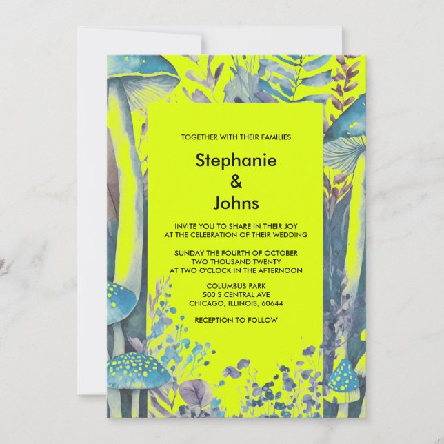 Invitation Bois bleu foncé Champignons Jaune Mariage vert (Devant)