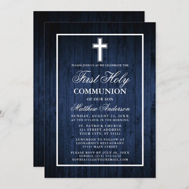 Invitation Bois bleu rustique Première communion sainte (Devant / Derrière)