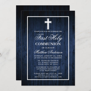 Invitation Bois bleu rustique Première communion sainte