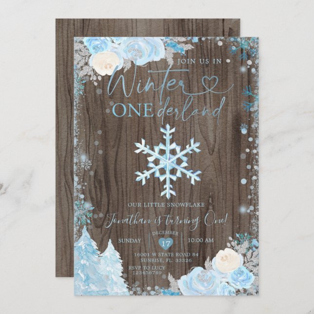 Invitation Bois Blue Winter Onederland Snowflake Anniversaire (Devant / Derrière)