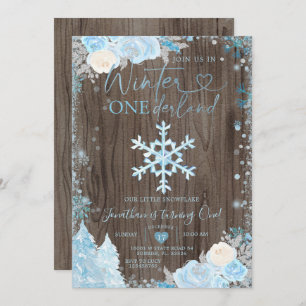 Invitation Bois Blue Winter Onederland Snowflake Anniversaire