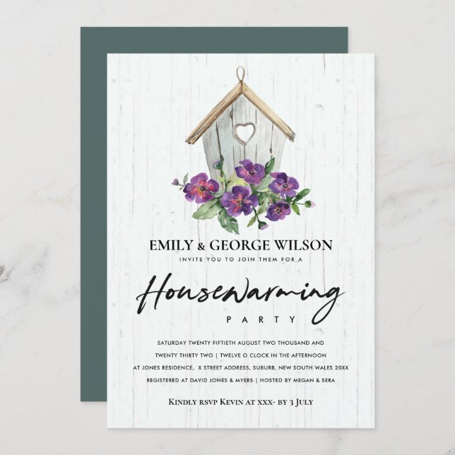 INVITATION BOIS BOIS FLORALE BIRD HOUSE PARTI RÉCHAUFFEMENT (Devant / Derrière)