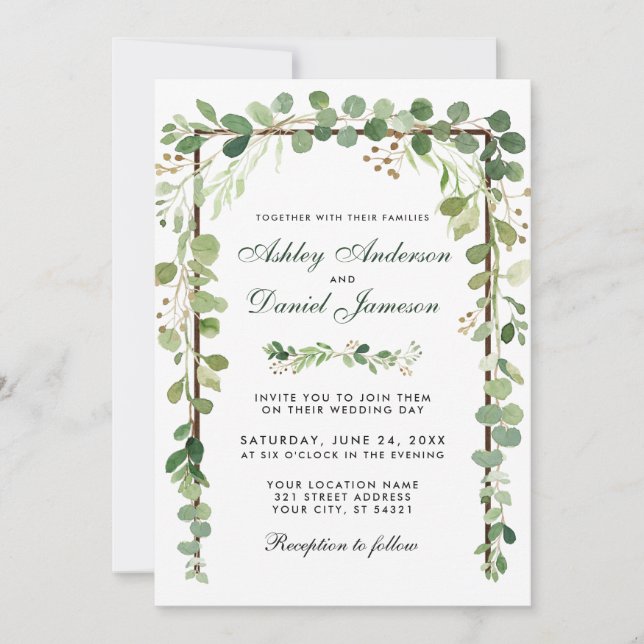 Invitation Bois botanique mariage Eucalyptus vert W (Devant)