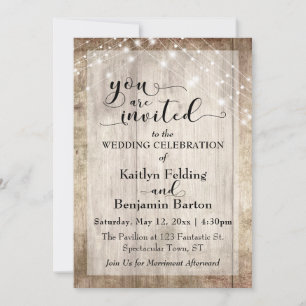 Invitation Bois Brown rustique avec cordes lumineuses, Mariag