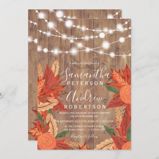 Invitation Bois brun rustique lumières mariage orange (Devant / Derrière)