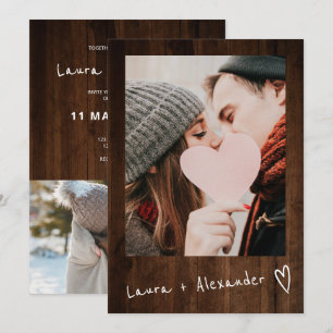 Invitation Bois brun rustique script coeur 2 photos mariage