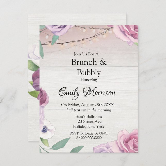 Invitation Bois Chaîne Lavande Légère Peony Brunch et Bubbly (Devant / Derrière)