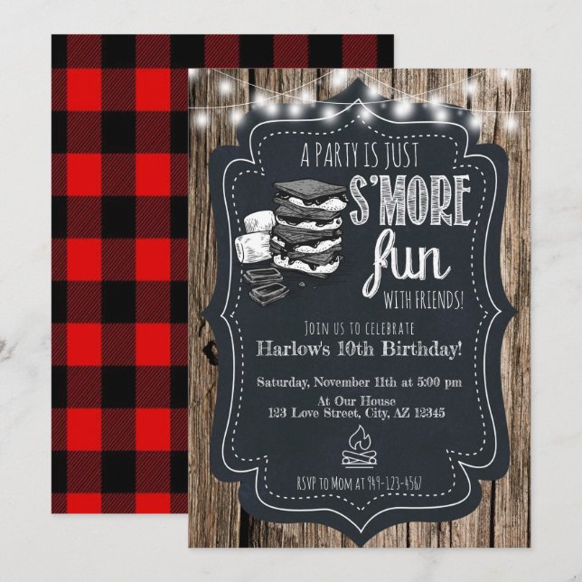Invitation Bois Chalkboard Rustic S'mores Fête Anniversaire (Devant / Derrière)