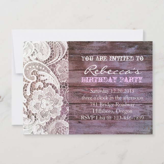 Invitation bois chic et dentelle de grange de pays français (Dos)