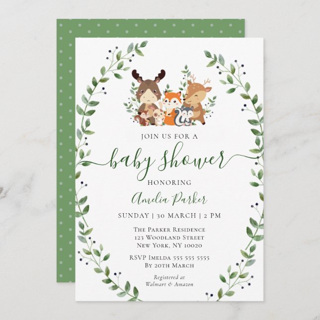 Invitation Bois Chic Vert Forêt Animaux Baby shower (Devant / Derrière)