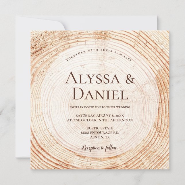 Invitation Bois Coupé Grain Personnalisé Mariage Rustique (Devant)