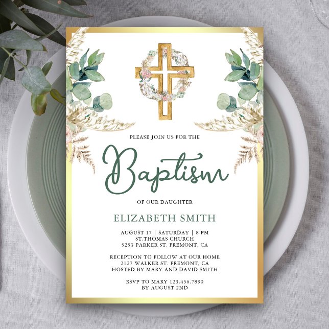 Invitation Bois Cross Boho Pampas Eucalyptus Gold Baptême (Créateur téléchargé)