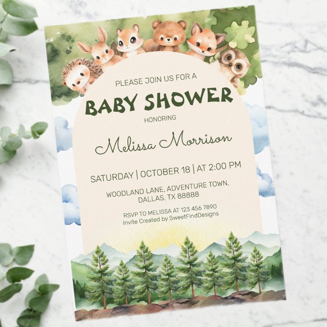 Invitation Bois Curieux Animaux Baby Boy Douche (Woodland Curious Animals Baby Boy Shower Invitation)