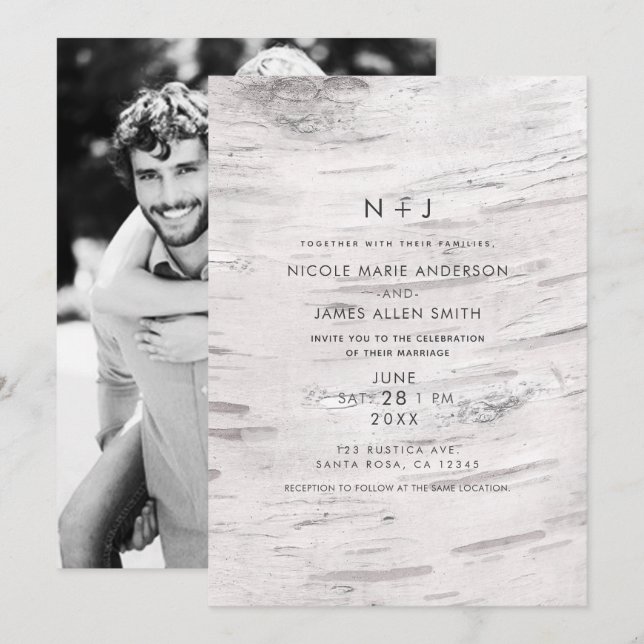 Invitation Bois de bouleau blanc Grange rustique Mariage phot (Devant / Derrière)