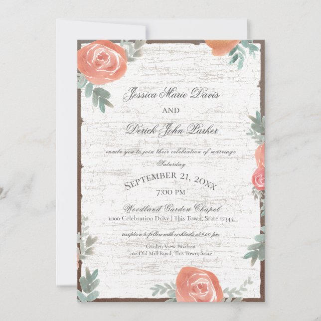Invitation Bois de bouleau et Mariage Rose (Devant)