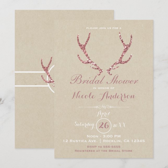 Invitation Bois de cerf à paillettes roses kraft rustique Bab (Devant / Derrière)