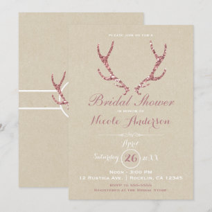 Invitation Bois de cerf à paillettes roses kraft rustique Bab